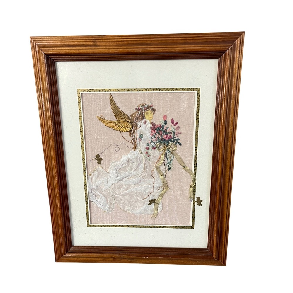 Karen Daggett Angel Silk Ribbon Embroidery‎ Collage Art Pink Gold Framed 1997